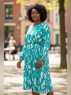 Boohoo Teal and White Long Sleeve Midi Dress